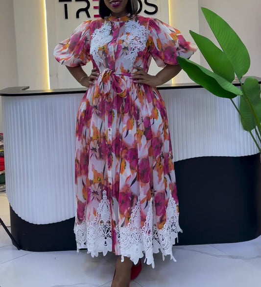 Floral Print Lace Trim Puff Sleeve Belted Midi Dress