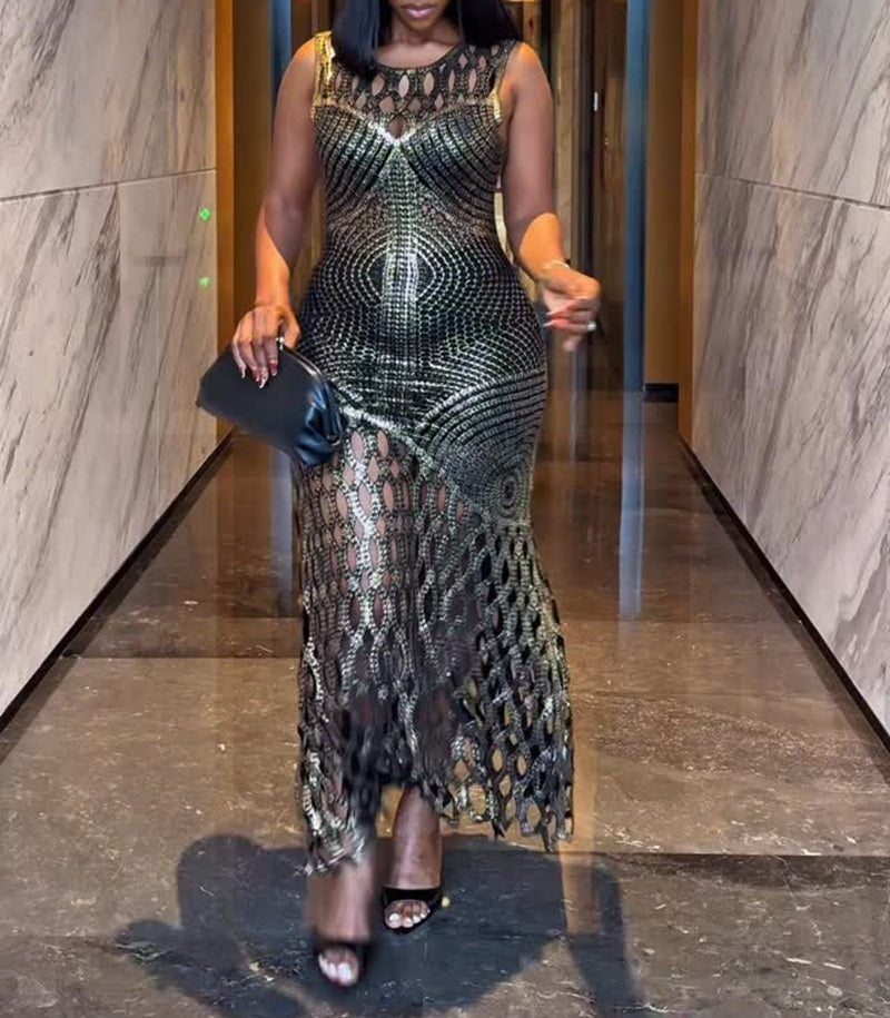 Metallic Thread Crochet Formal Party Gown