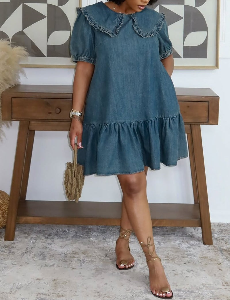 Ruffled Peter Pan Collar Puff Sleeve Tiered Denim Mini Dress