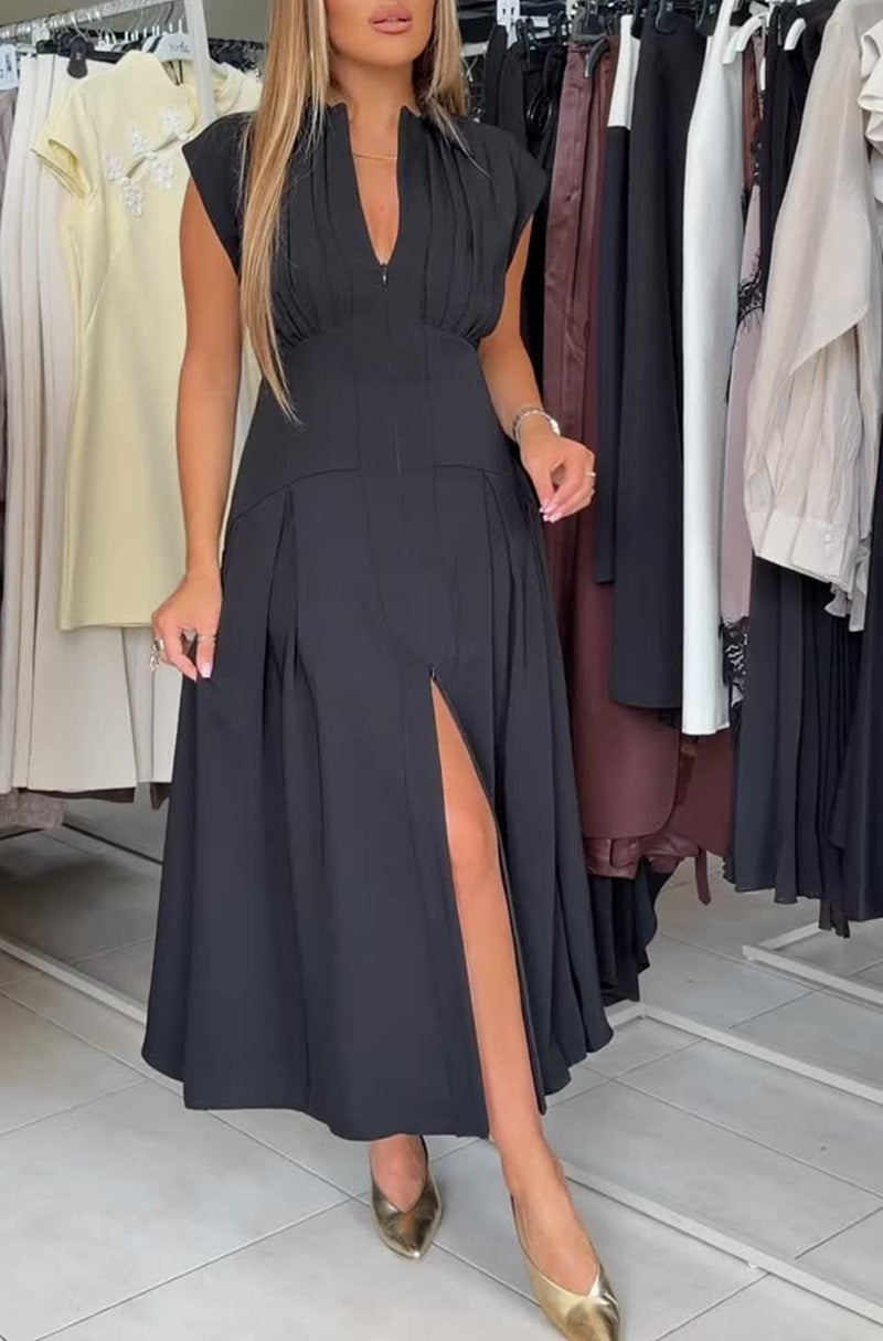 V-Neck Zipper Front Slit Maxi Dress