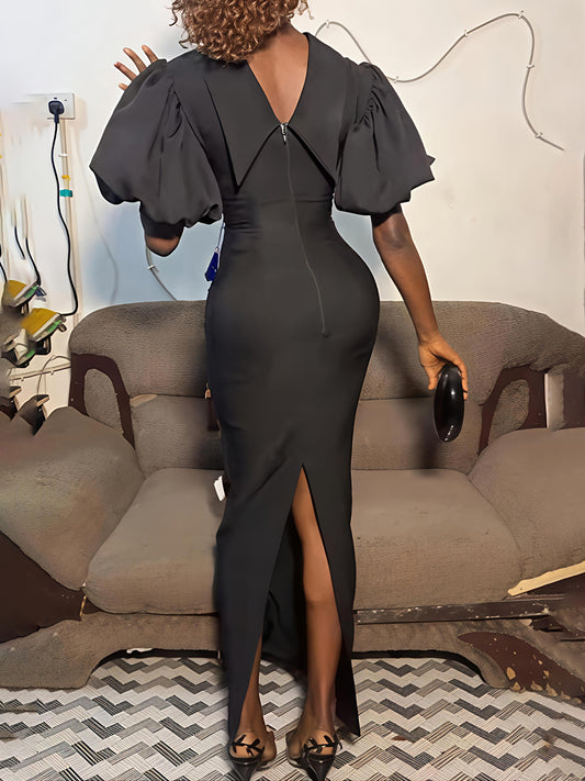 Fringed Short Puff Sleeve Elegant Maxi Dress