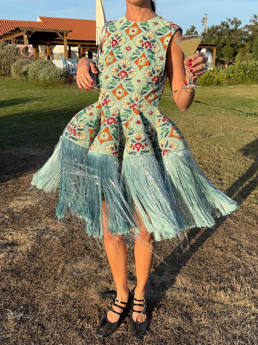 Printed Sleeveless Tassel Hem Party Dress
