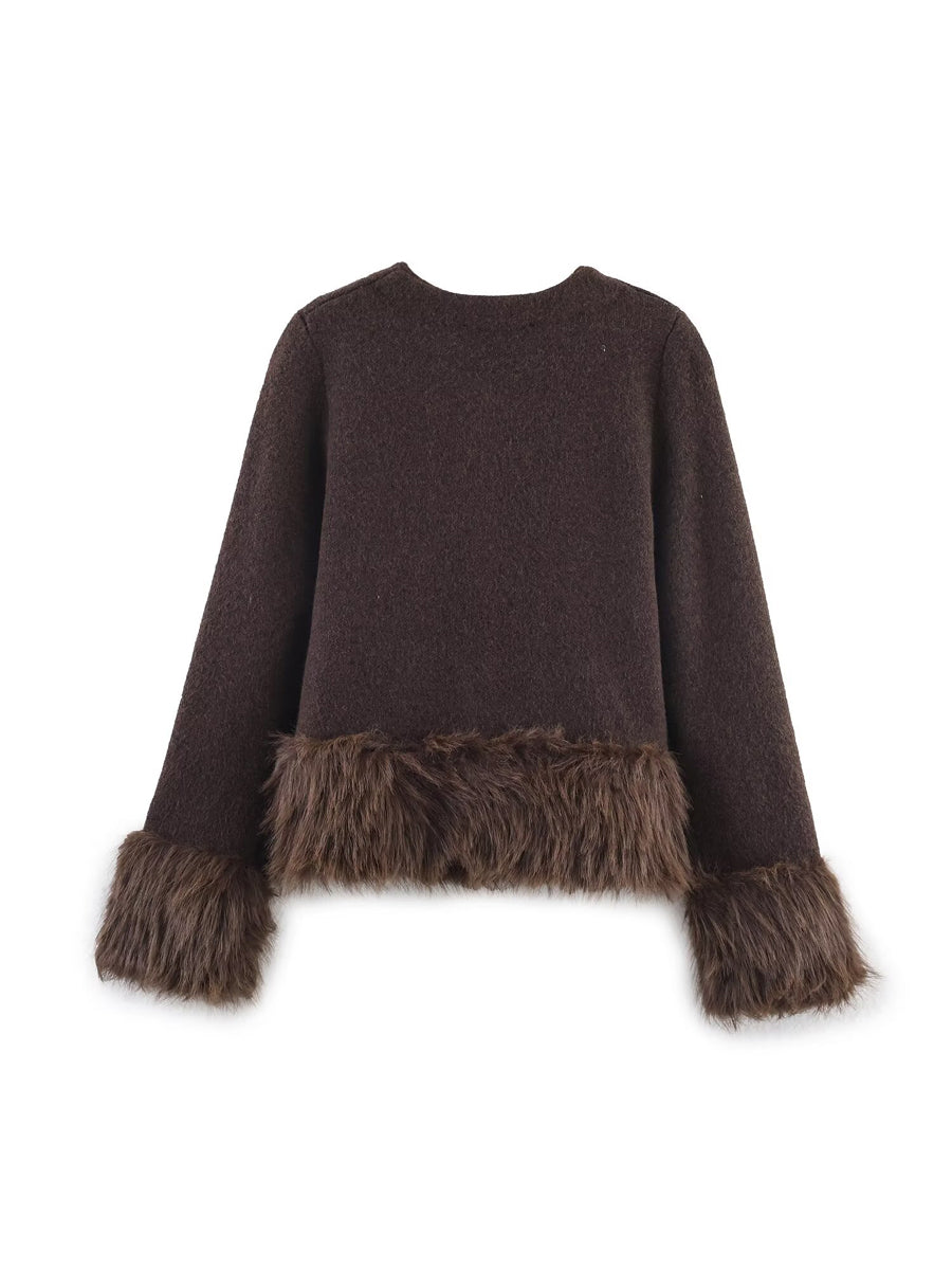 Faux Fur Patchwork Knit Cardigan