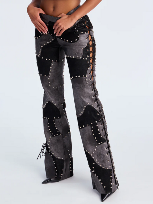 Faux-Leather Patchwork Flared Pants