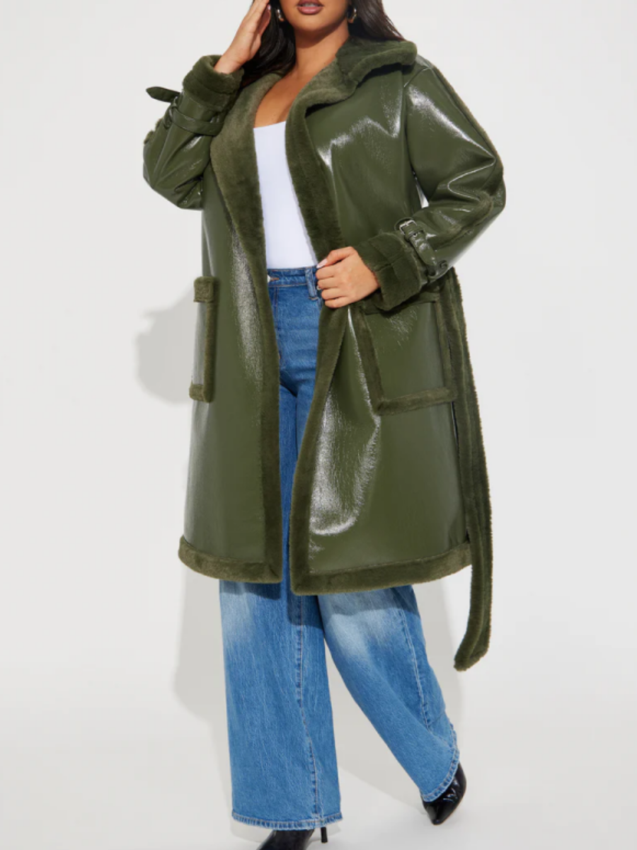 Faux Patent Leather Plush-Trim Coat
