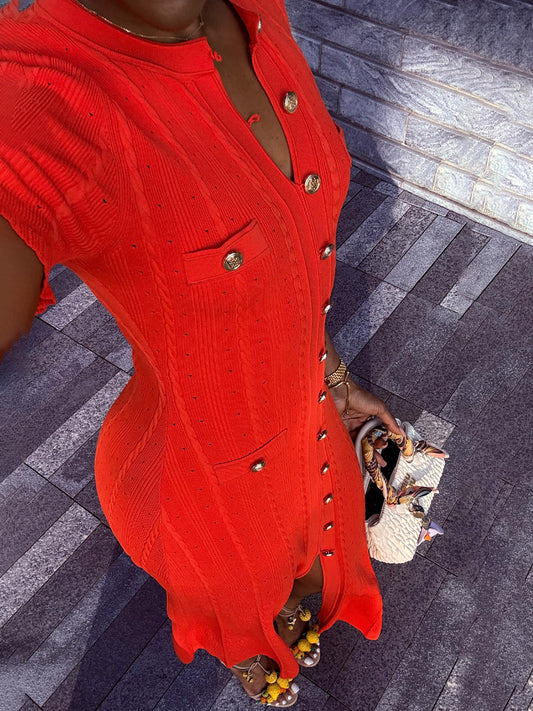 Threaded Single-breasted Knitted Dress