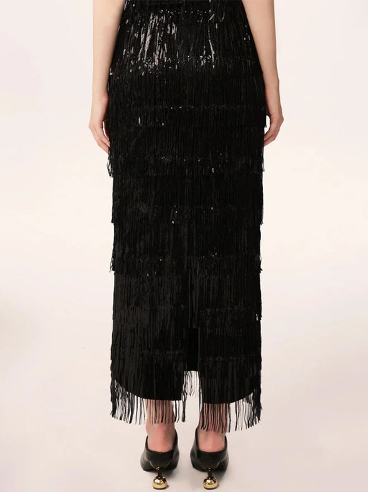 Elasticized Waist Sequin Fringed Skirt