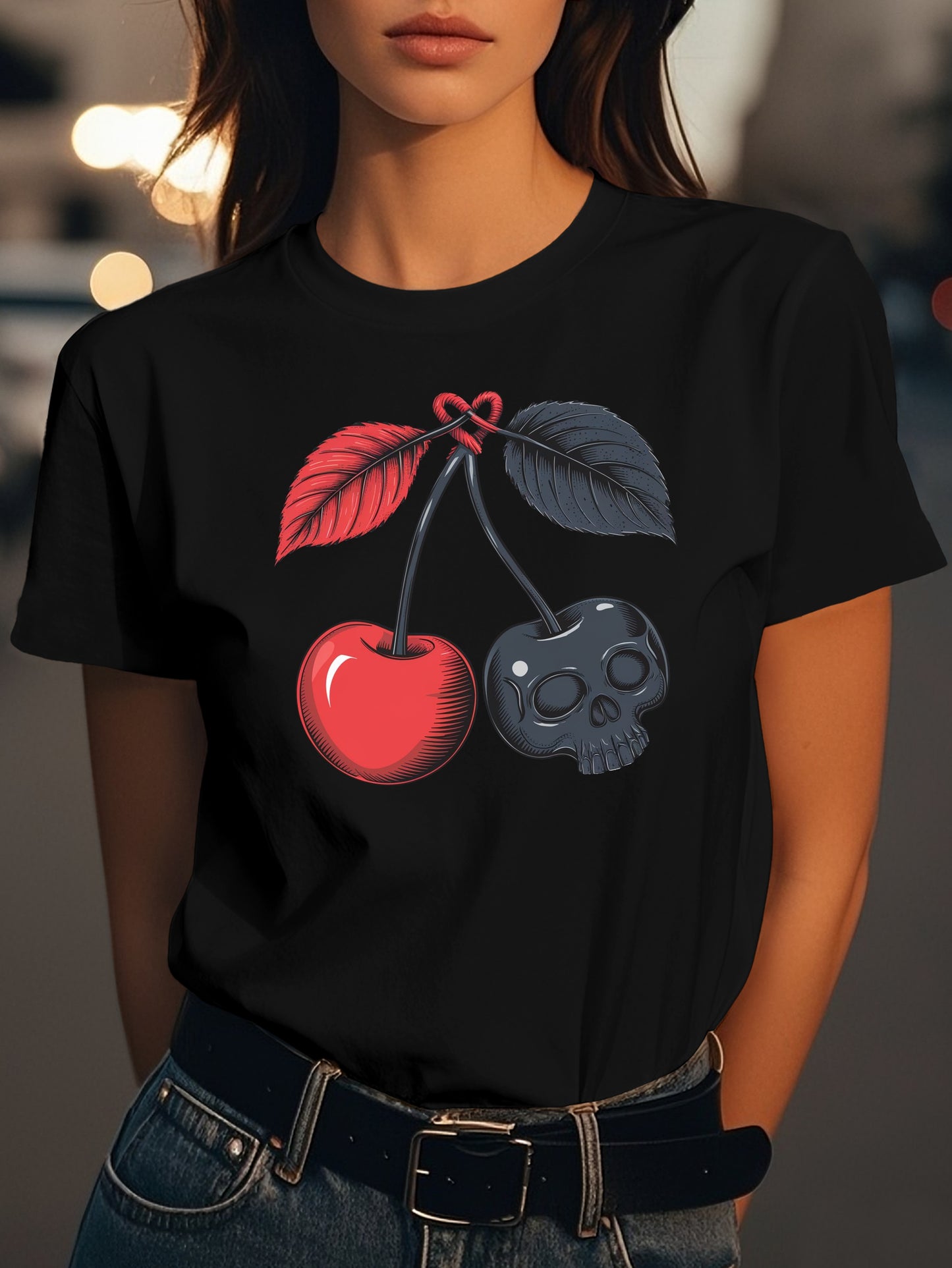two cherries connected by stems Fashion women's pure cotton T-shirt short sleeves