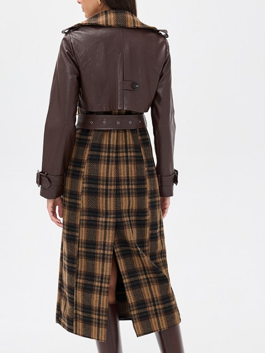 Check Pattern And Faux Leather Trim Coat