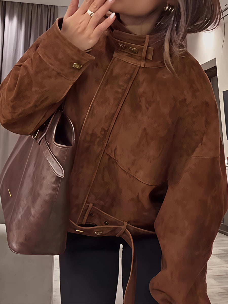 Suede Zip Up Stand Collar Jacket