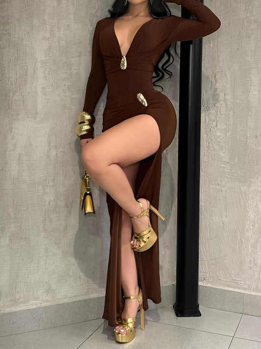 Metal Embellished Deep V Neck Two Pieces Dress