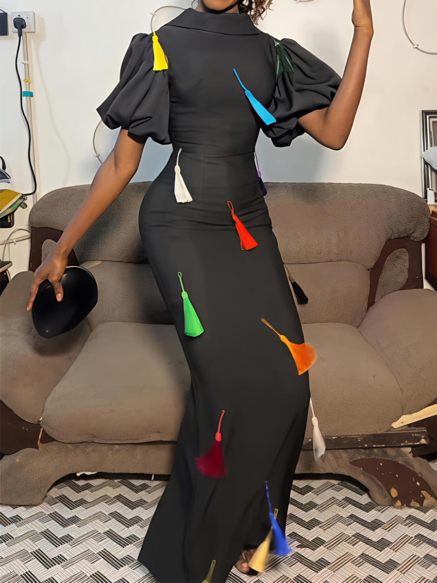 Fringed Short Puff Sleeve Elegant Maxi Dress