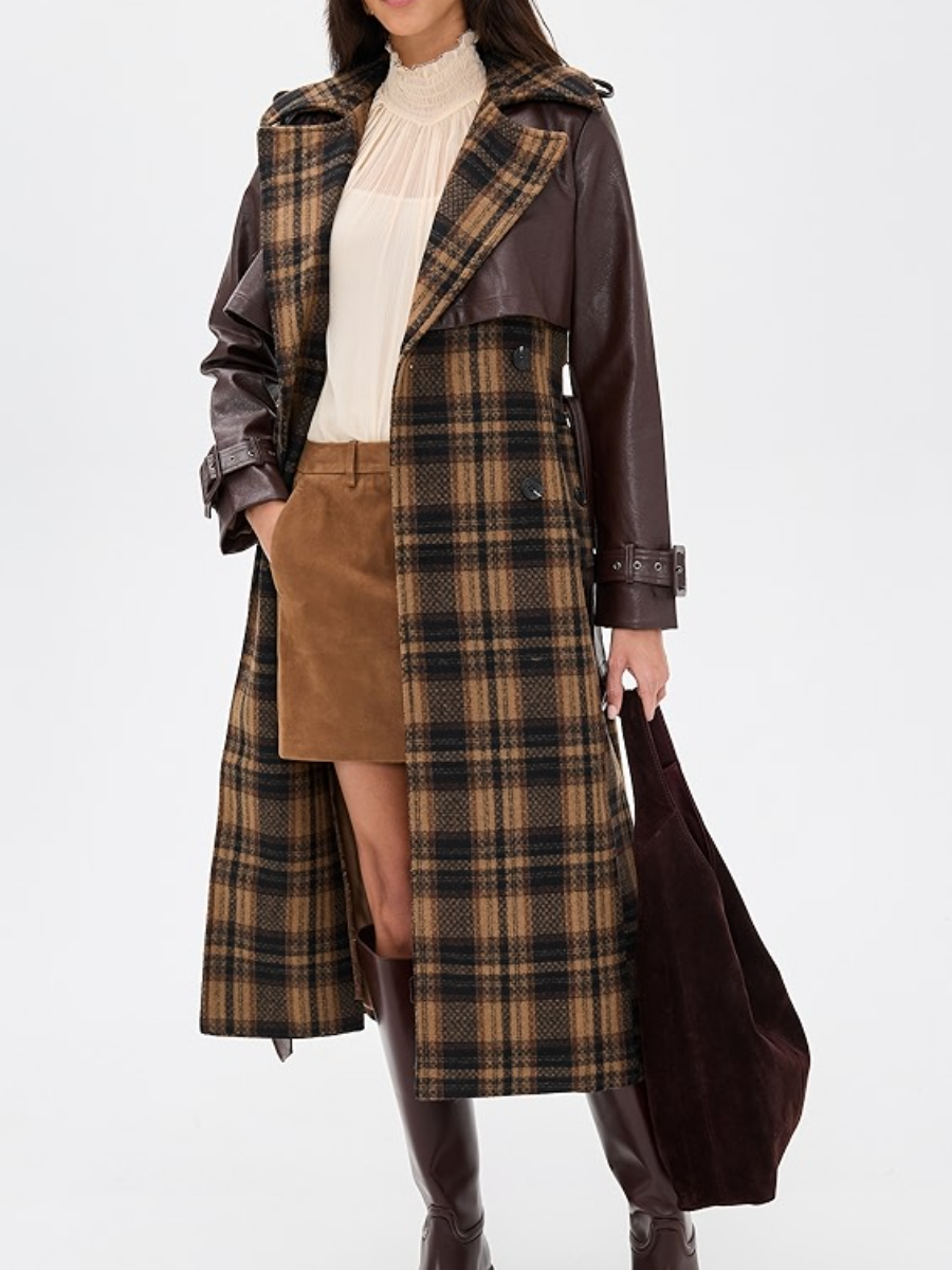 Check Pattern And Faux Leather Trim Coat