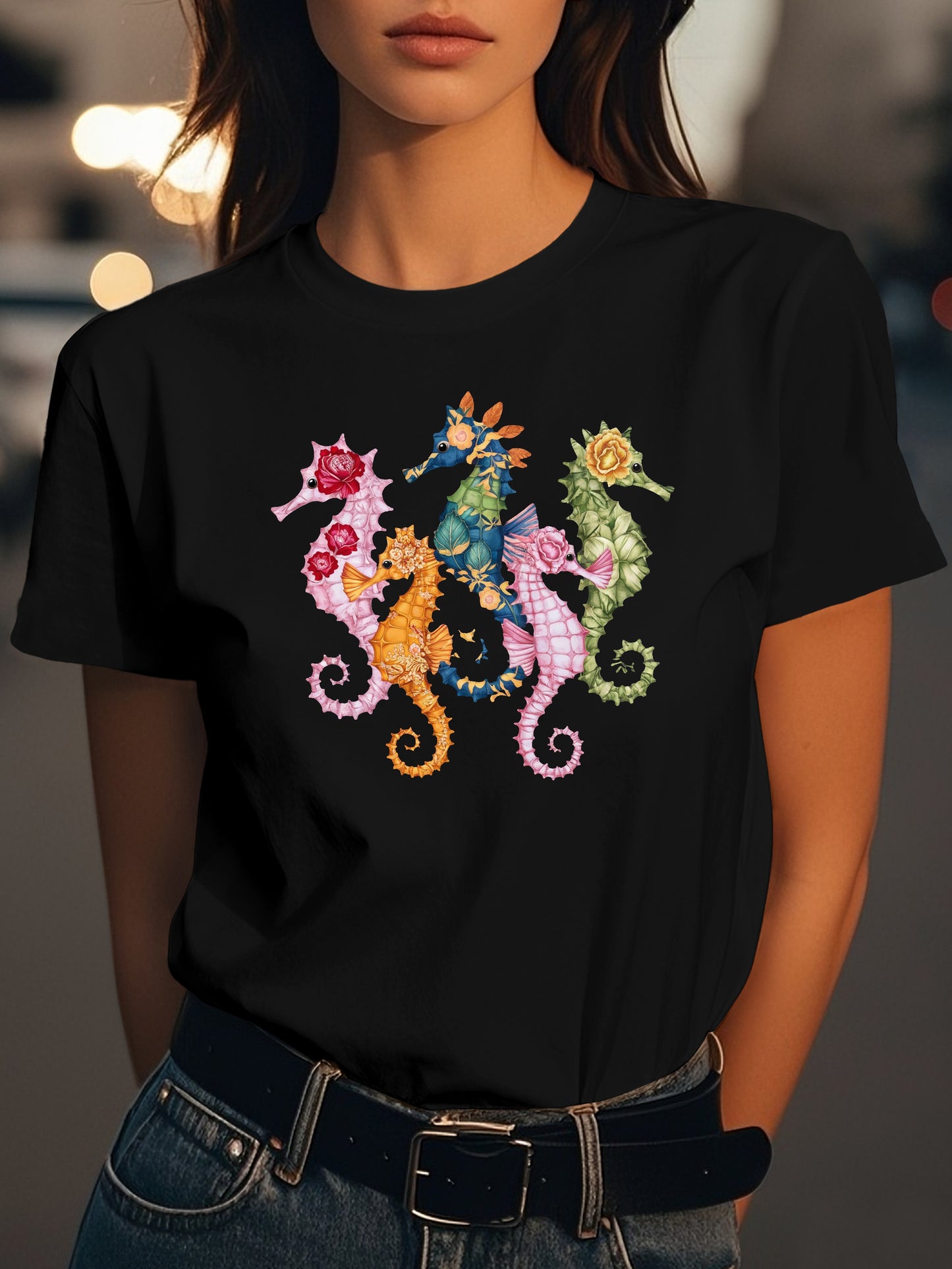 intricately detailed seahorses Fashion women's pure cotton T-shirt short sleeves