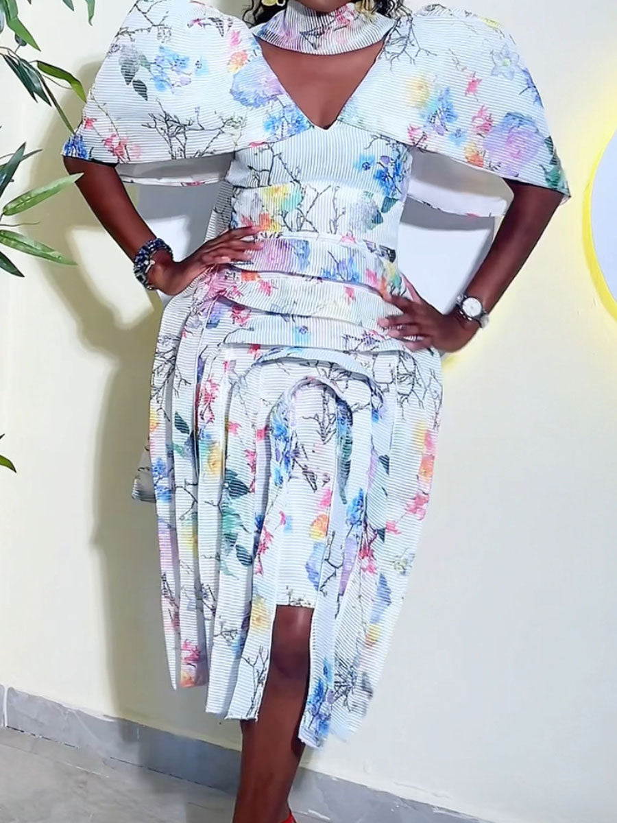 Floral Print Layered Sleeves V Neck Dress