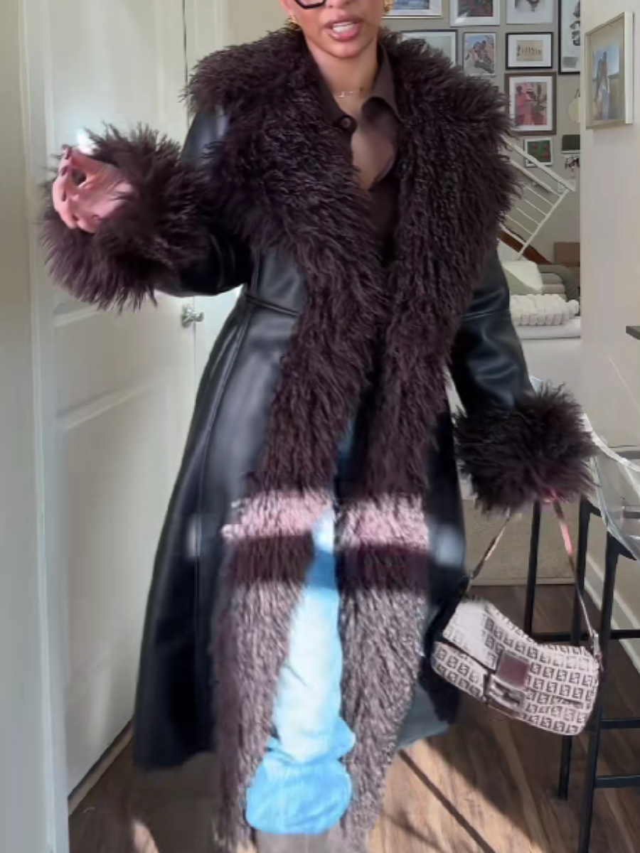 Coat In Vegan Leather With Curly Contrast Fur