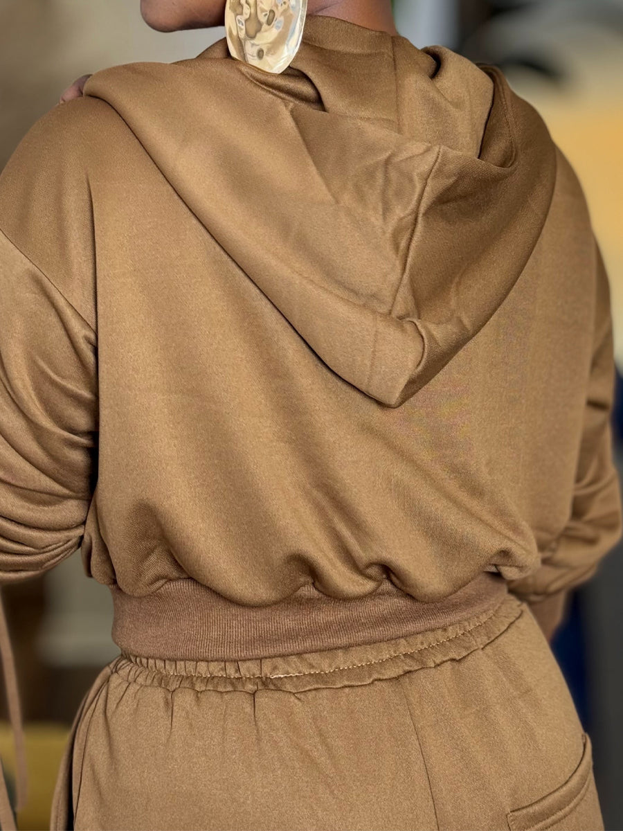 Hooded Elasticized Waist Tassels Two Pieces Set