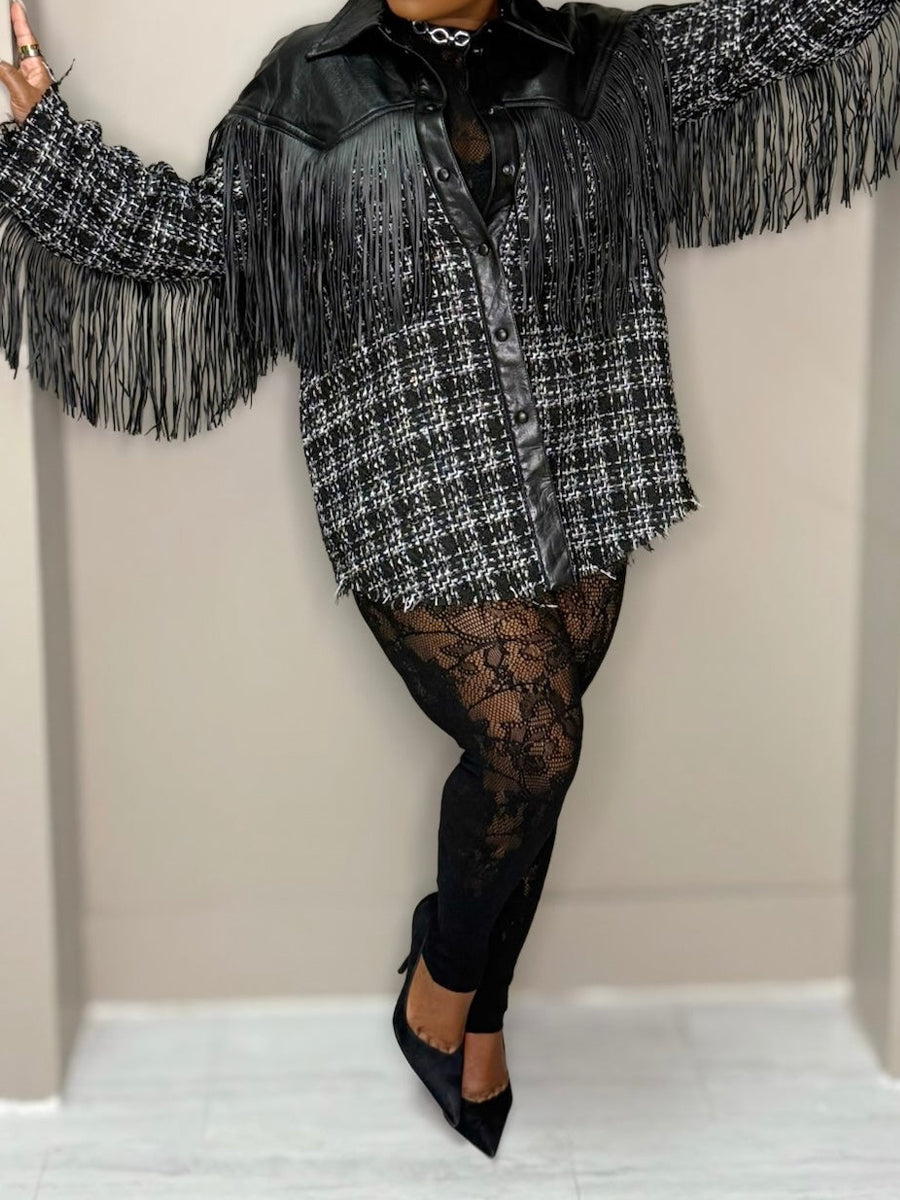 Faux Leather Trim Tweed Shacket