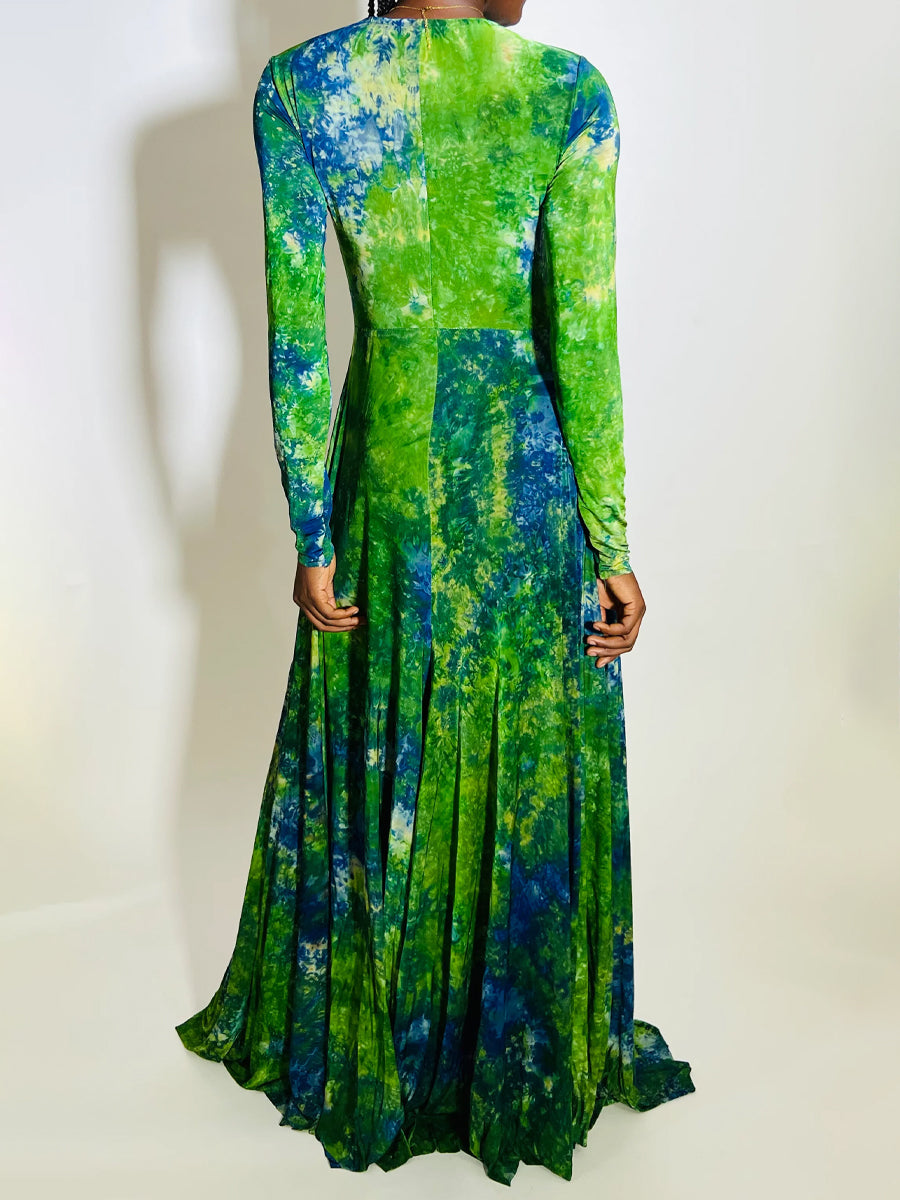 Tie Details Tie Dye Deep V Neck Maxi Dress
