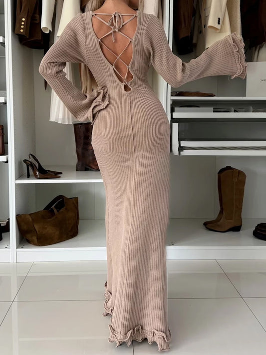 Round Neck Ruffled Sleeve Lace-up Dress