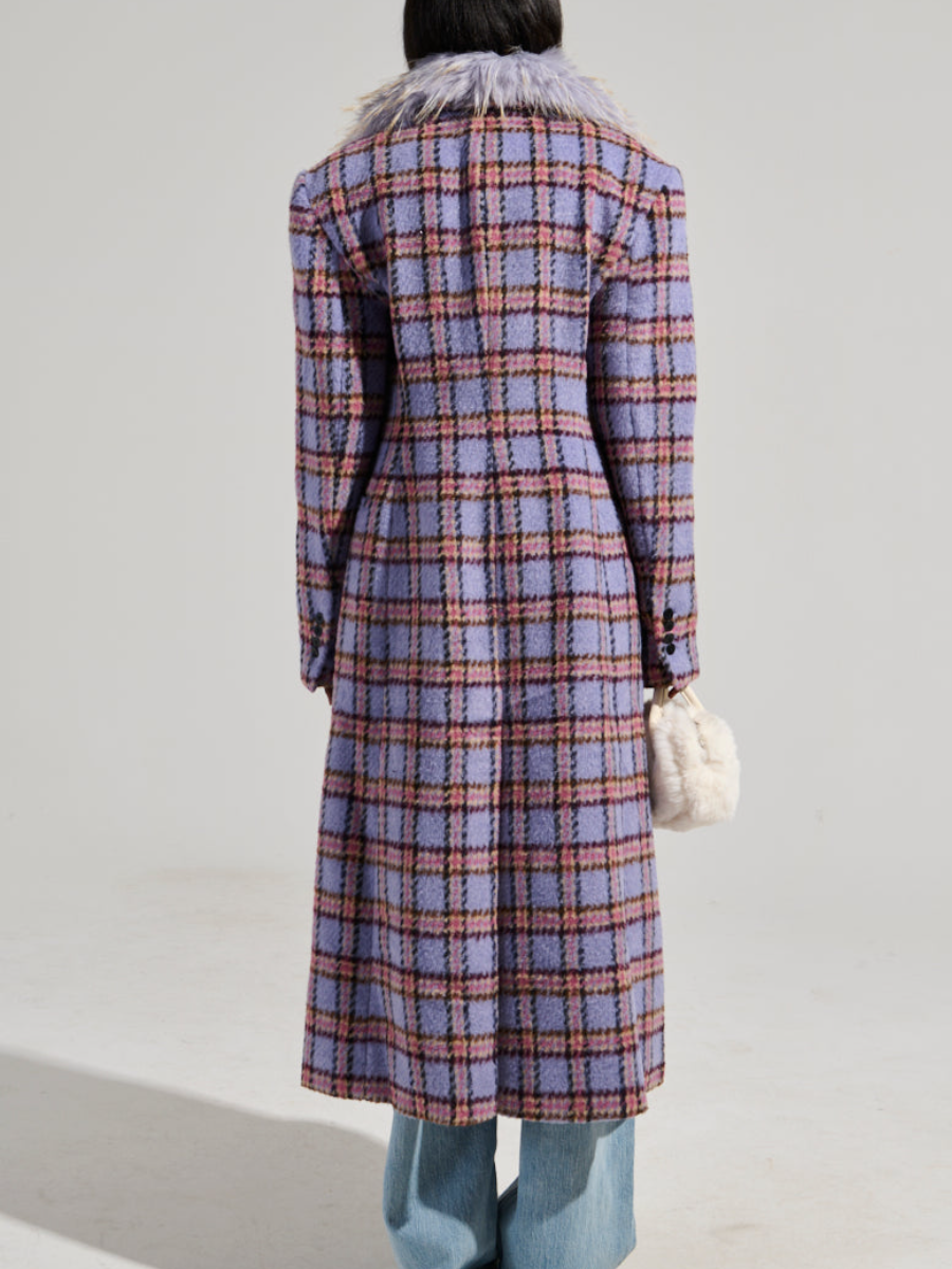 Plaid Plush Collar Long Coat