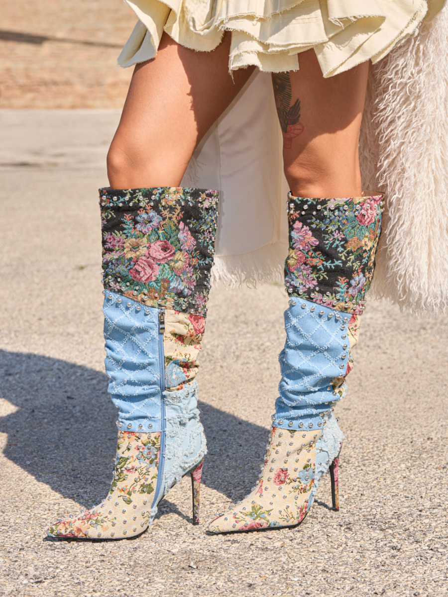 Denim Point-toe Pumps With Studs