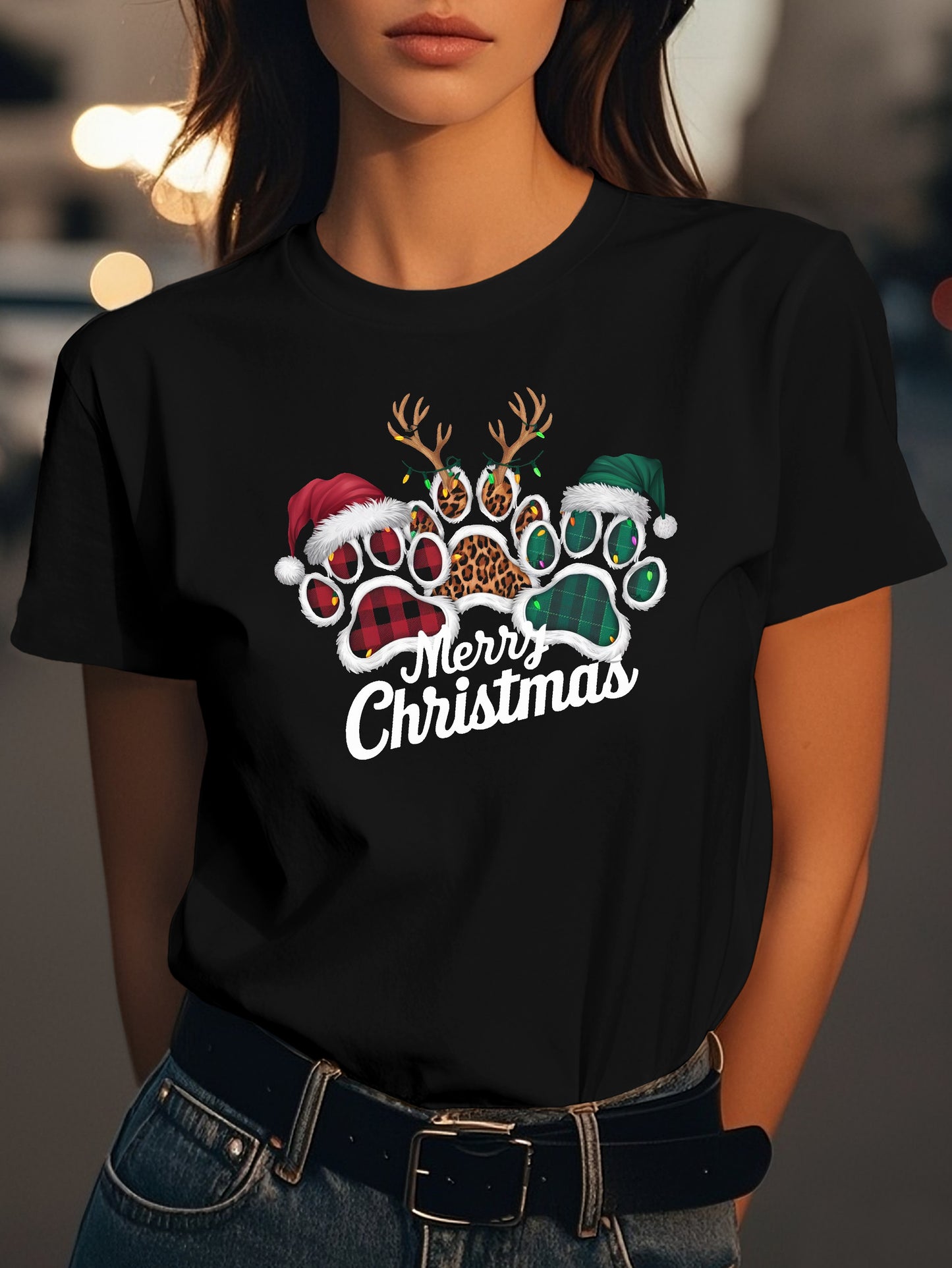 Merry Christmas paw prints Fashion women's pure cotton T-shirt short sleeves