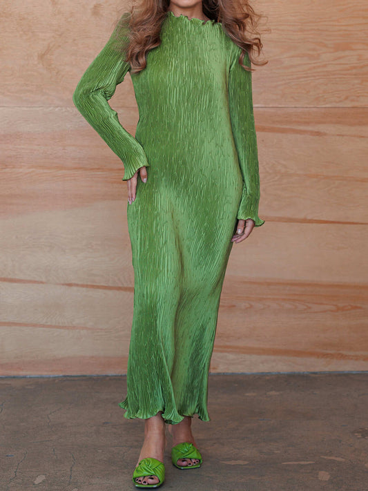 Ruffled Solid Long Sleeve Pleated Dress