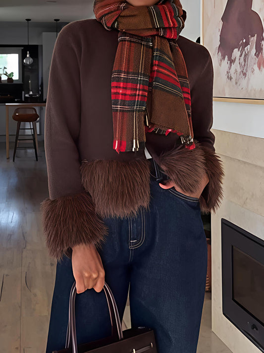 Faux Fur Patchwork Knit Cardigan