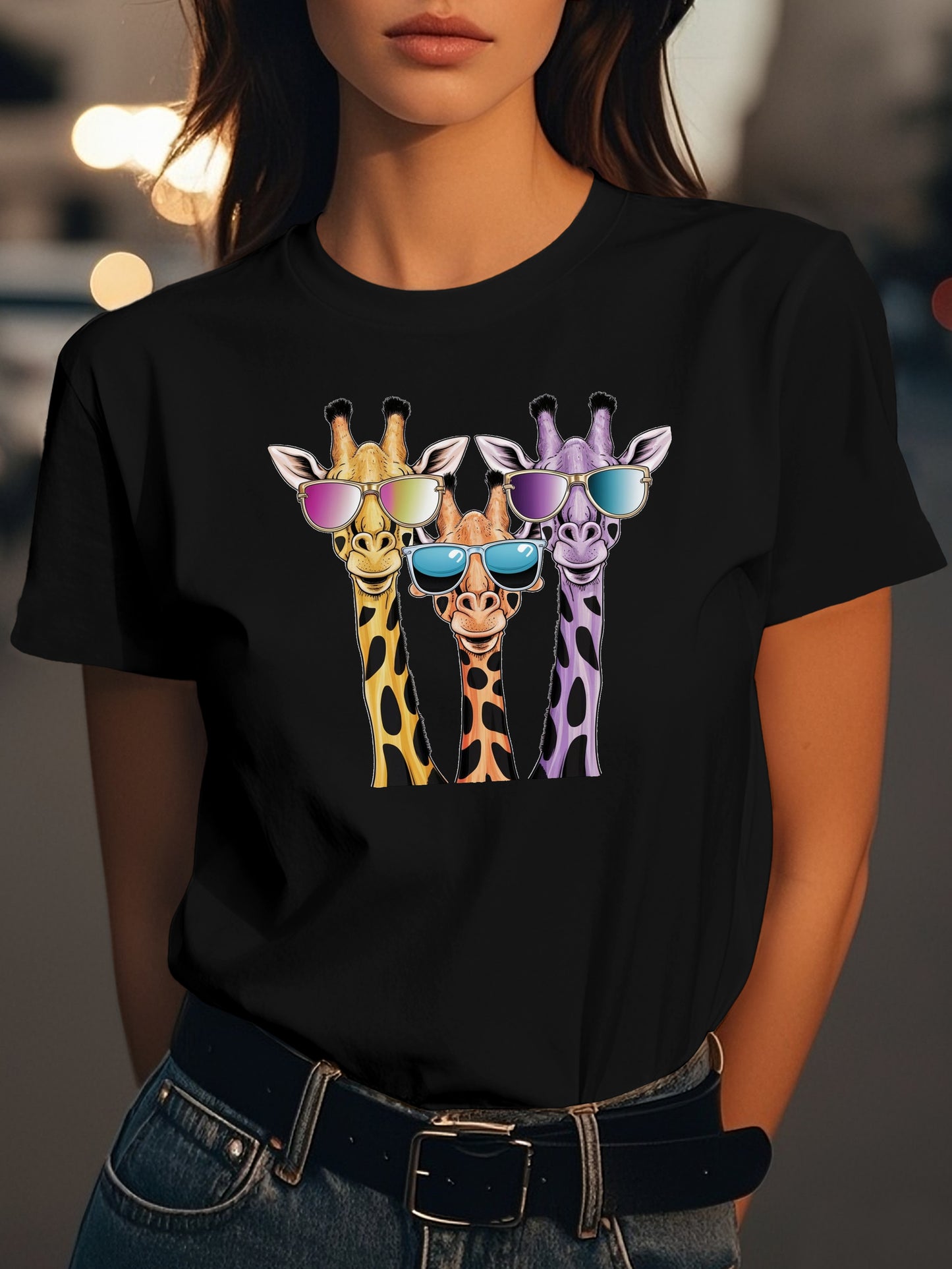 cartoon giraffes with sunglasses Fashion women's pure cotton T-shirt short sleeves