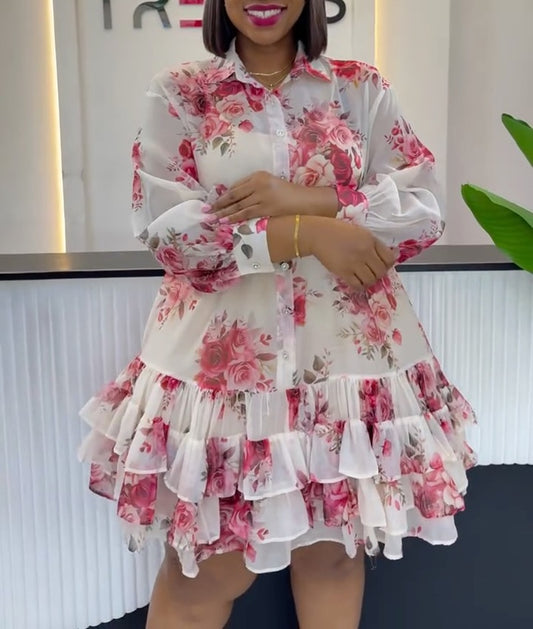 Floral Rose Print Chiffon Tiered Shirt Dress