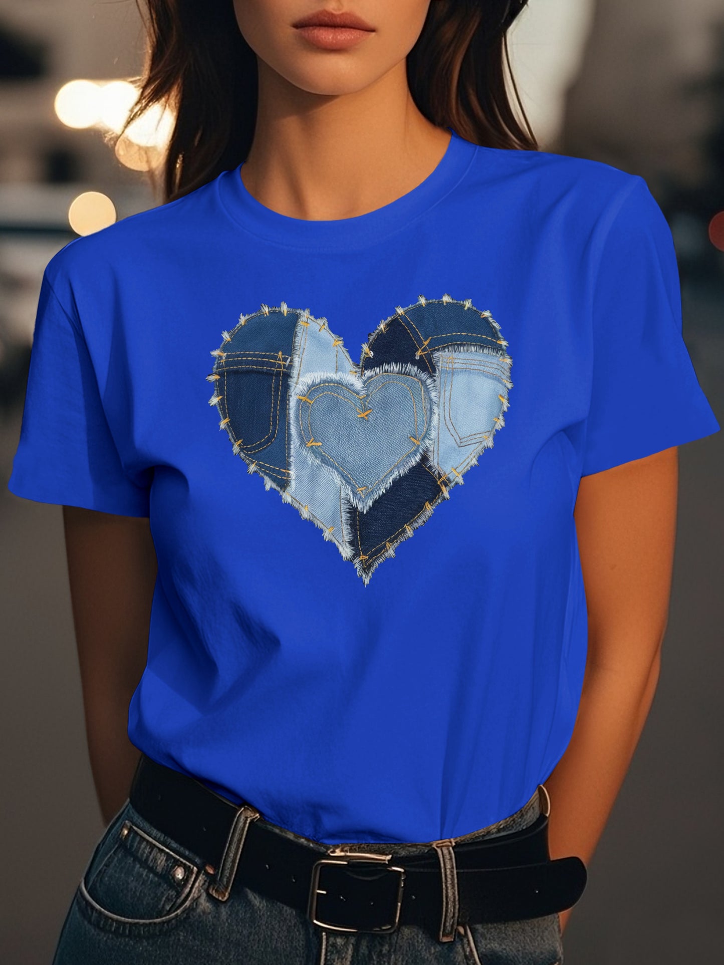 Heart shaped denim patches Fashion women's pure cotton T-shirt short sleeves