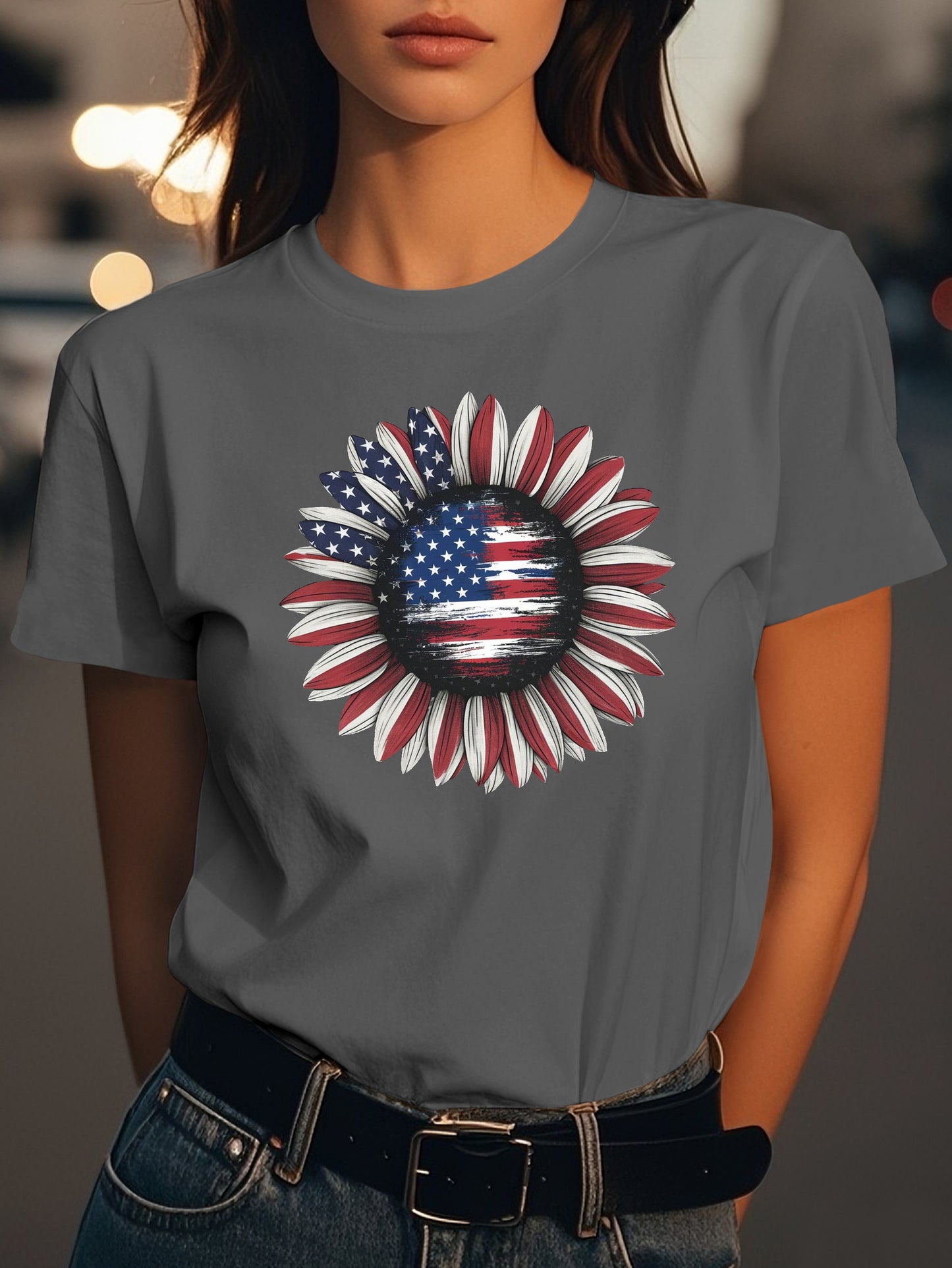 American flag sunflower Fashion women's pure cotton T-shirt short sleeves