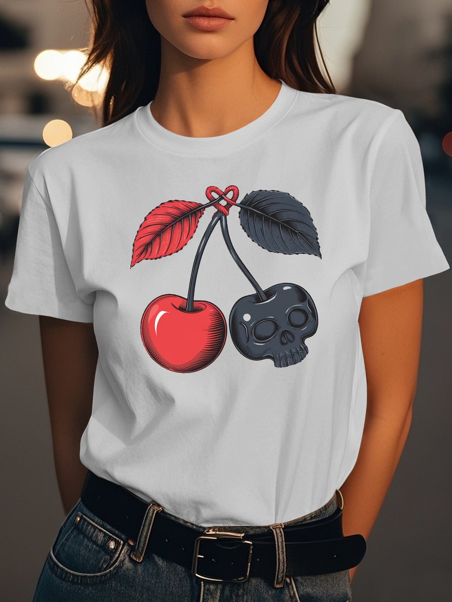 two cherries connected by stems Fashion women's pure cotton T-shirt short sleeves