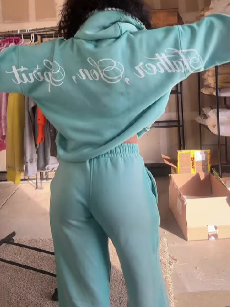 Cuff Brim Diamond Embellished Hooded Set