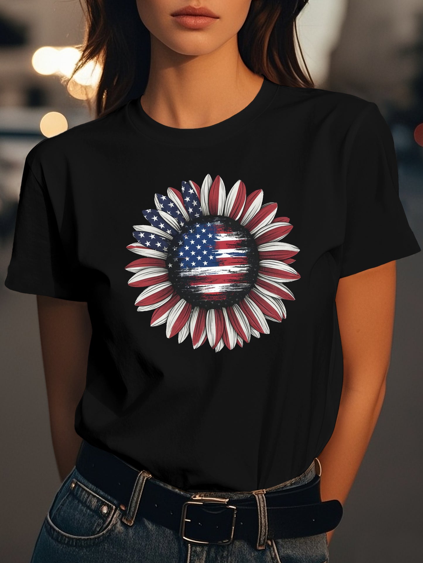 American flag sunflower Fashion women's pure cotton T-shirt short sleeves