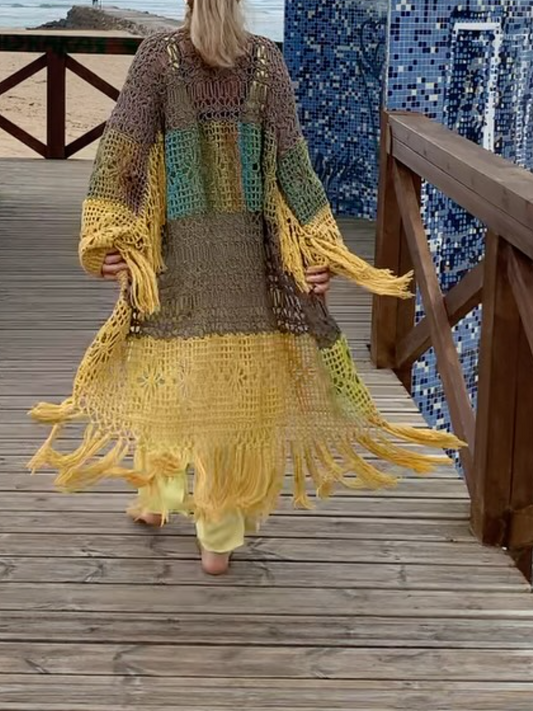 Knitted Cutout Fringe Coat
