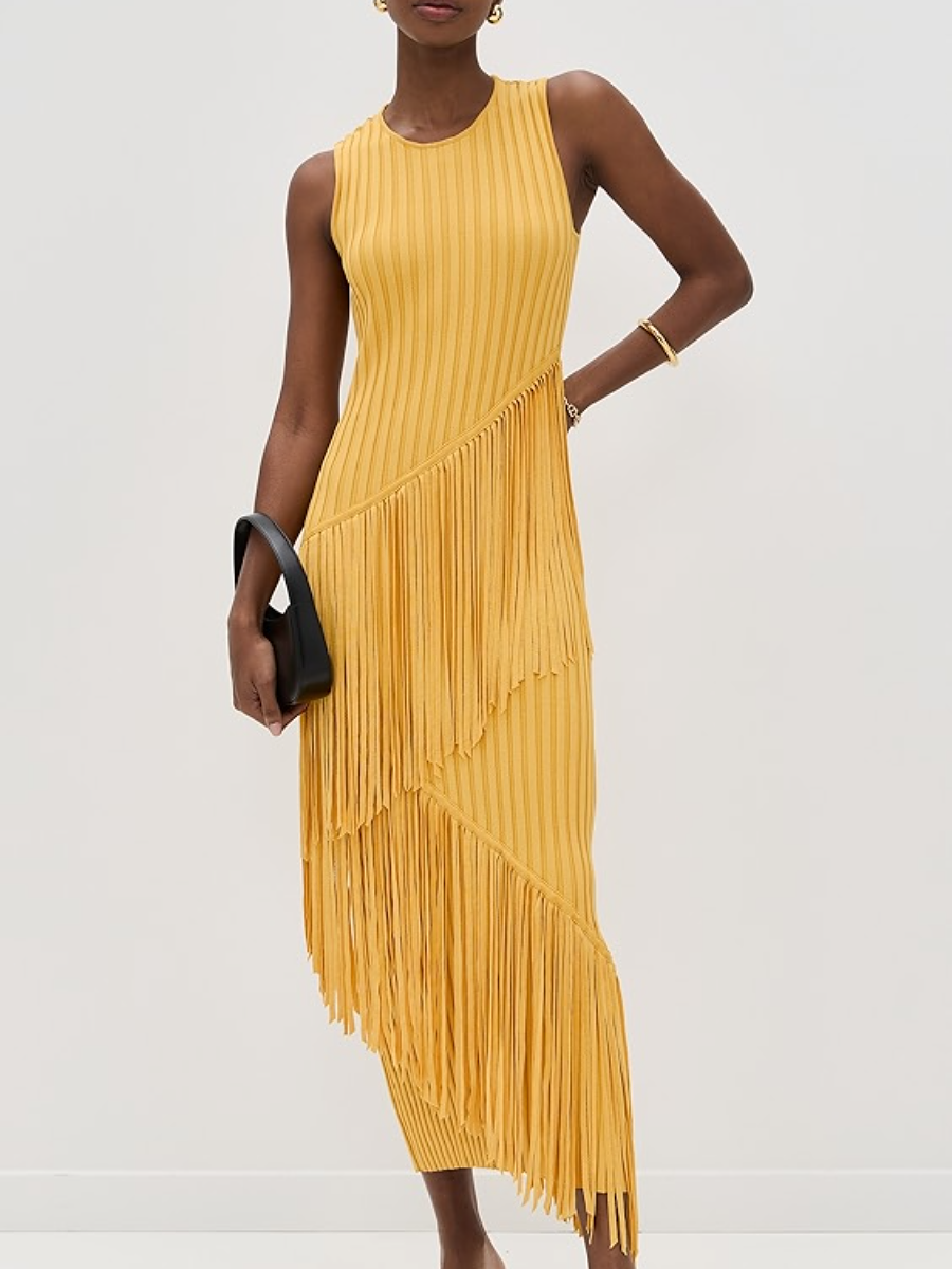 Rib-Knit Asymmetrical Fringed Dress
