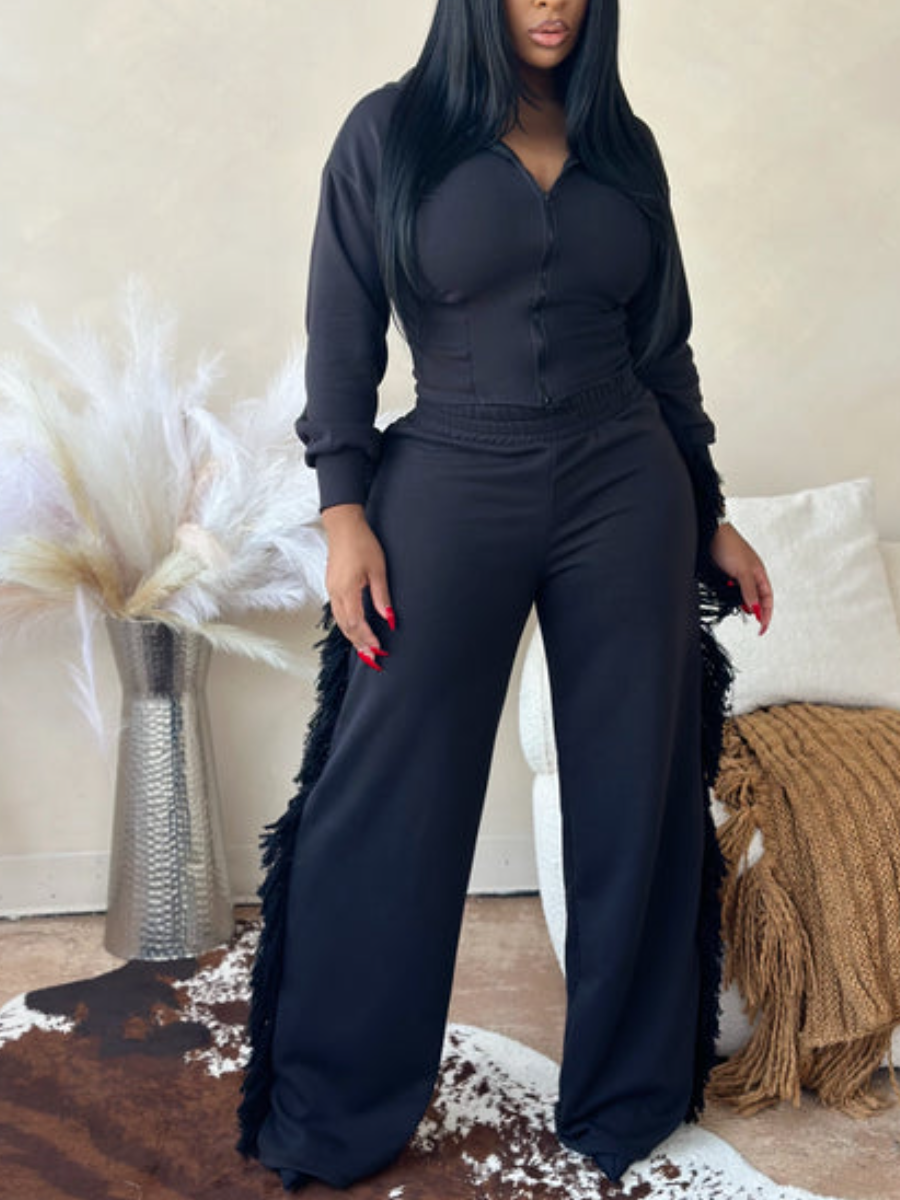 Hoodie Side Tassel Trim Pants Set