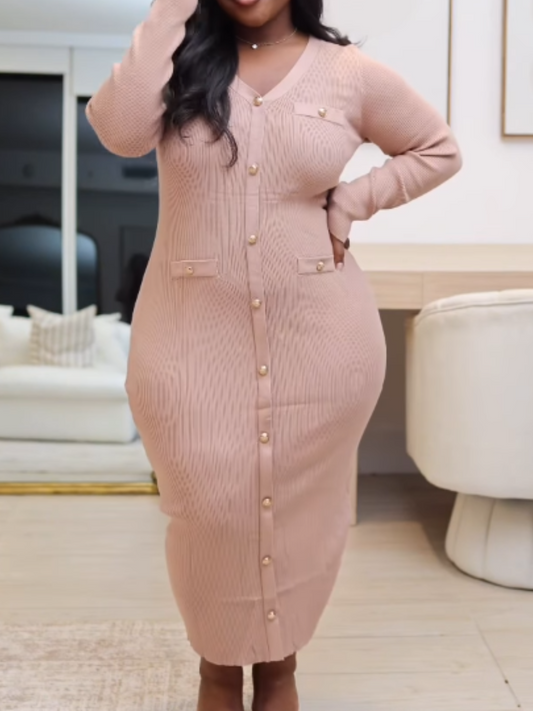 Knit Button Long Sleeve Dress