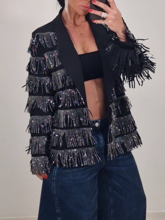 Notched Lapel Jacket With Rhinestone Tassel