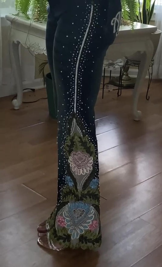 Embroidered Rhinestone Flared Jeans