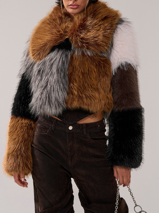 Multicolor Patchwork Design Faux Fur Coat