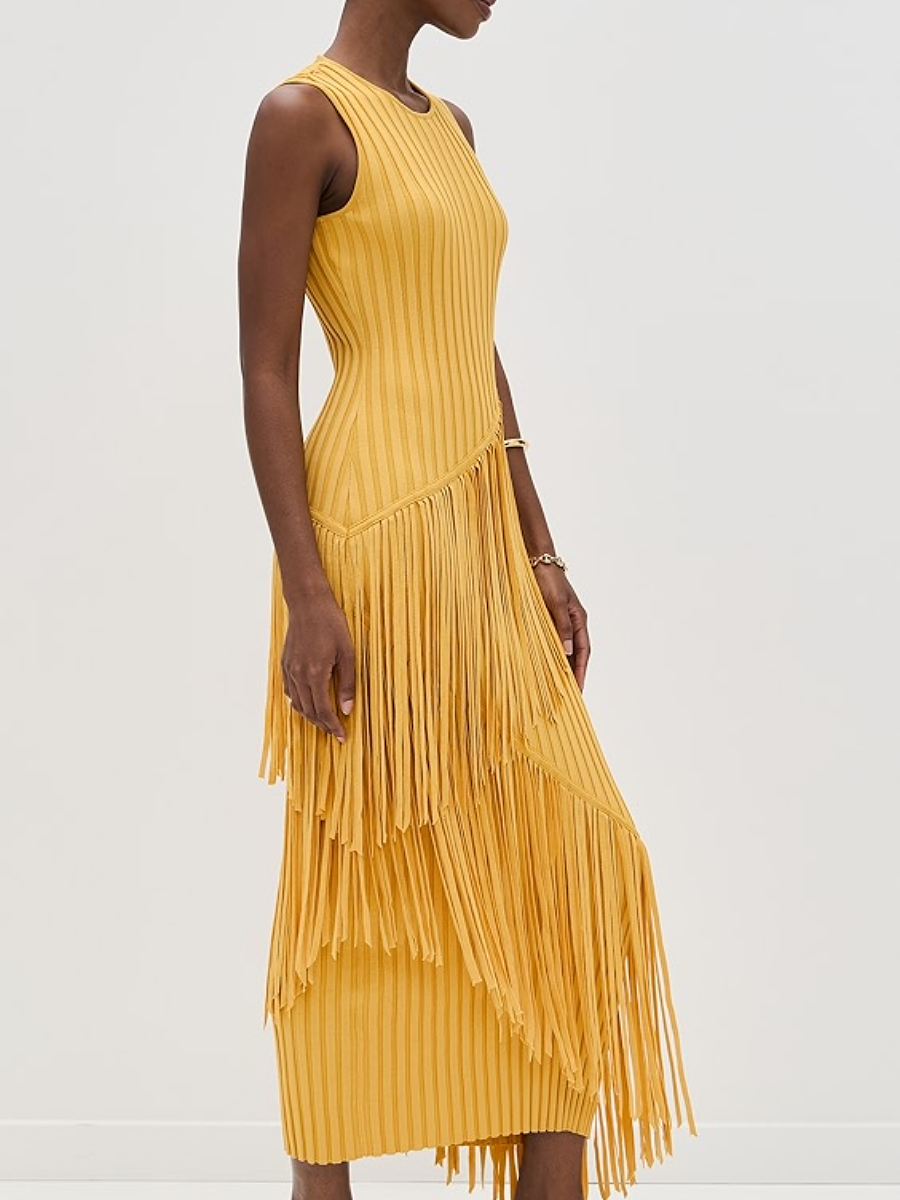 Rib-Knit Asymmetrical Fringed Dress