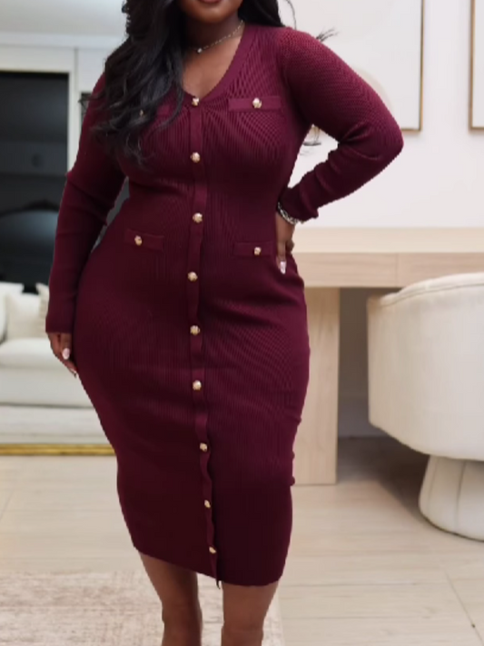 Knit Button Long Sleeve Dress