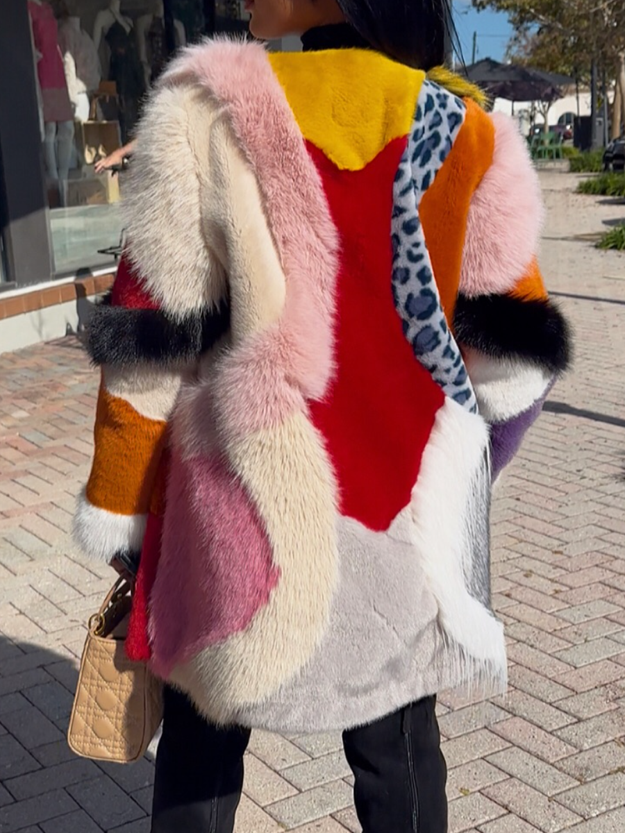 Stitched Contrast Faux Fur Coat