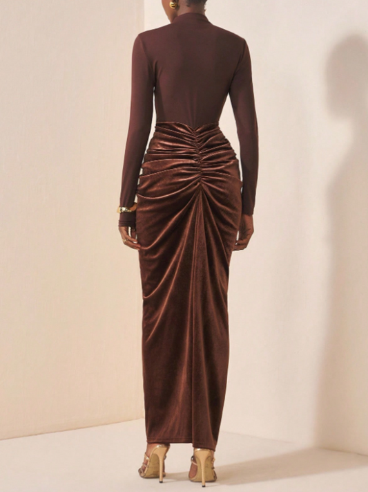 Velvet-Waist Pleated Dress