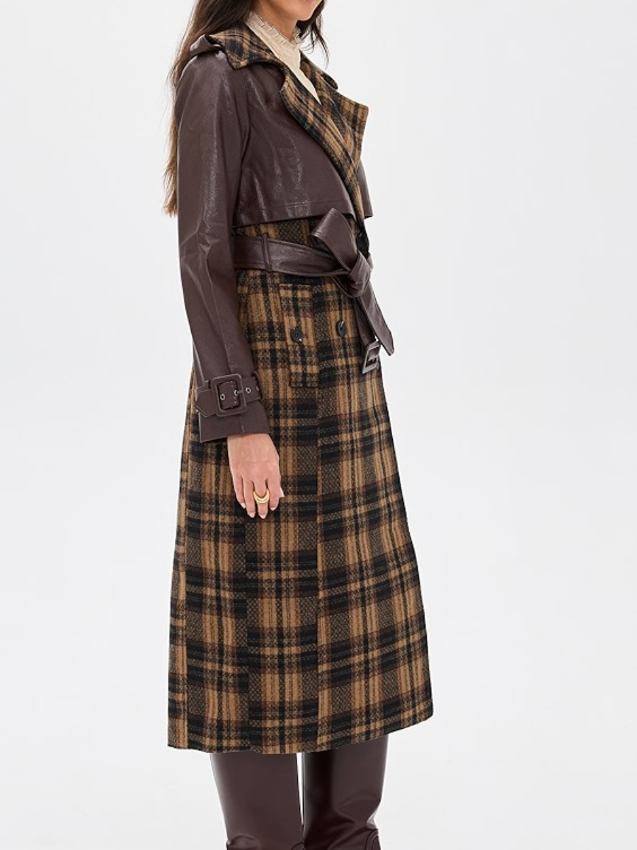 Check Pattern And Faux Leather Trim Coat