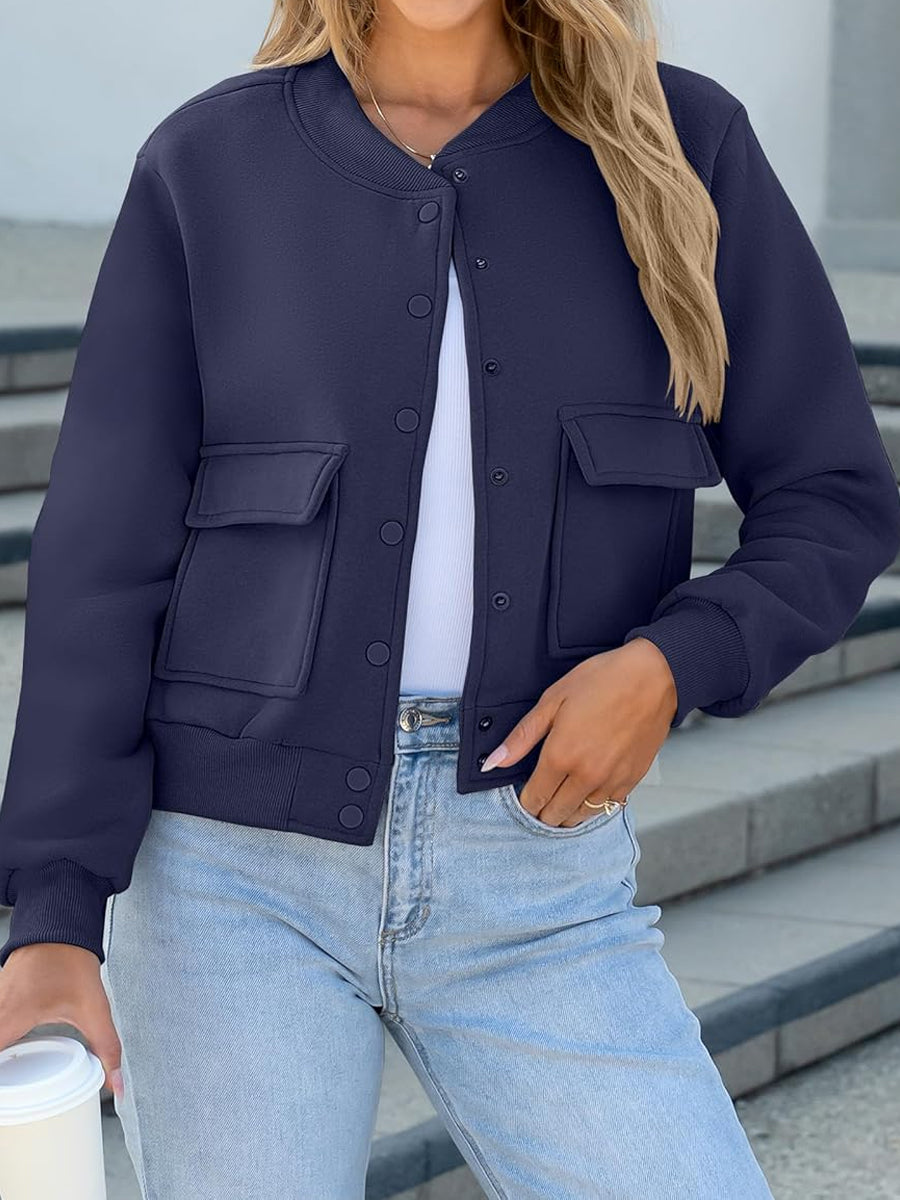 Fashion Thread Double Pocket Cropped Bomber Jacket