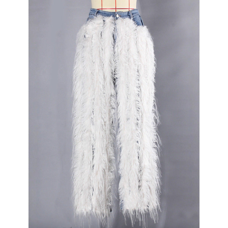 Washed Up Feather Trim High Waist Jeans
